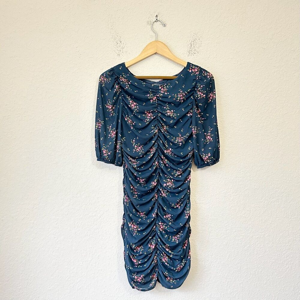 CHARLES HENRY Mini Dress Blue Ditsy Floral Ruched Puff Sleeve Party
